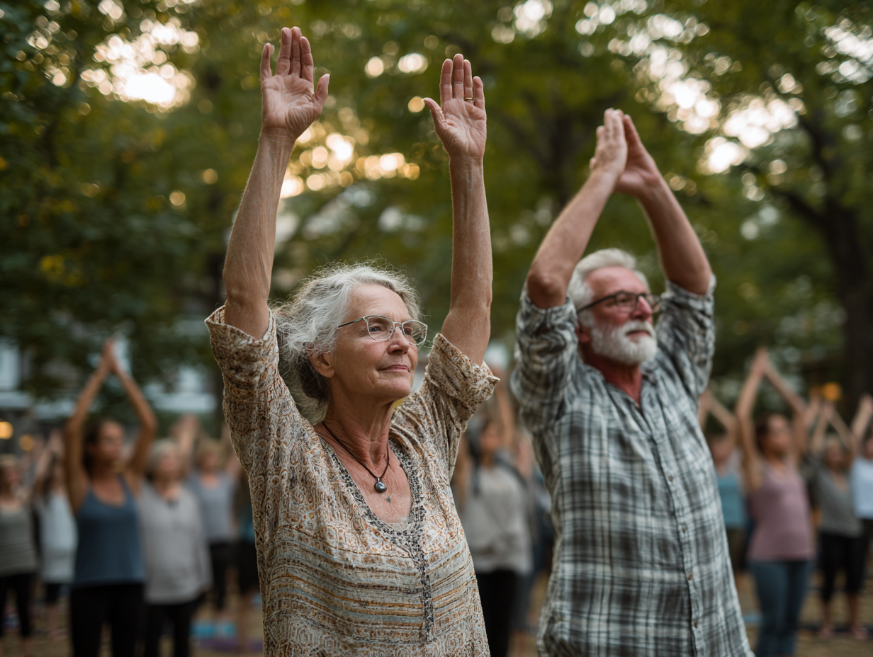 Personas mayores practicando yoga en un ambiente tranquilo y acogedor